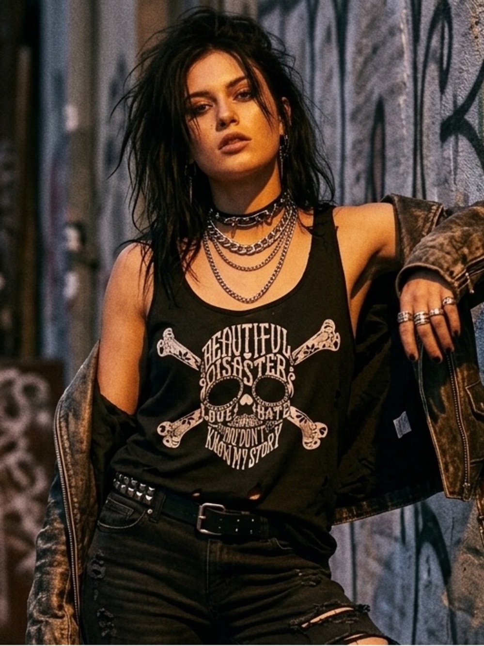 Beautiful Disaster Sz XL Thrashed Lace Black Tank Top Graphic Goth Skull Grunge